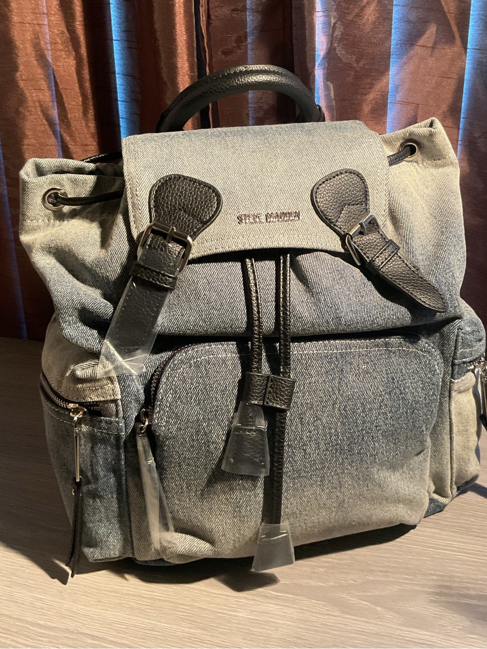 NWT Steve Madden Gray Canvas Backpack with Black Trim and Buckle Flap